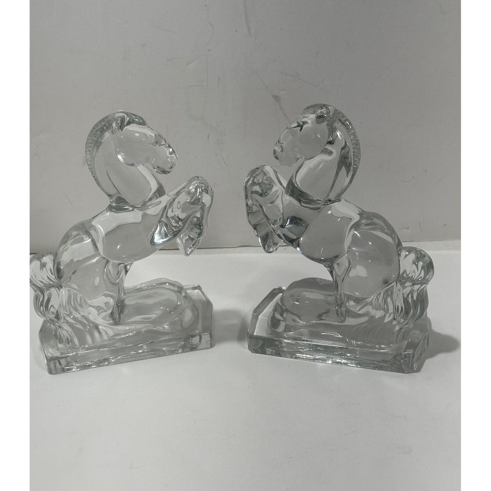 Vintage Clear‎ Glass Pair of 8" HEAVY Rearing Horse Bookends